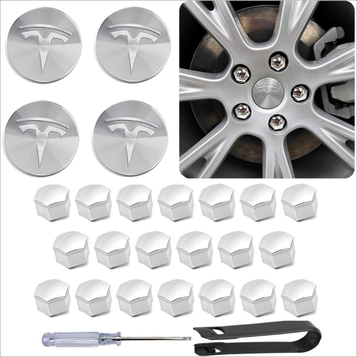 CitiGo Tesla Model 3/Model Y Wheel Trim Set (Silver) 4 Hub Caps + 20 Wheel Nut Covers
