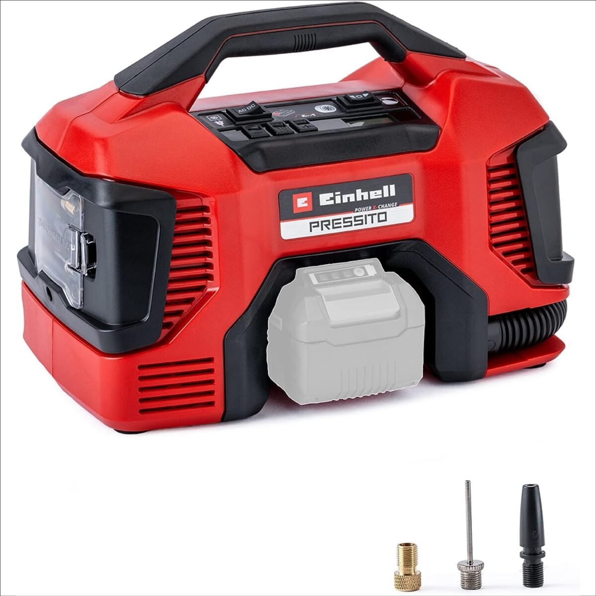 Einhell Pressito Power X-Change Hybrid Compressor (18 V, Max. 11 Bar, 31 cm Hose Length, Includes 3 Piece Adaptor Set, without Battery)