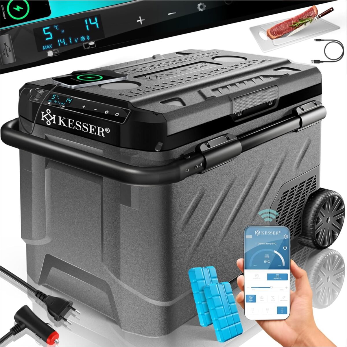 KESSER® Compressor Cool Box, Electric Freezer Box with LED Touch Operation, App Control and Ice Packs, USB Port 12/24 V 230 V, Cools up to -20 °C, for Car, Truck, Boat