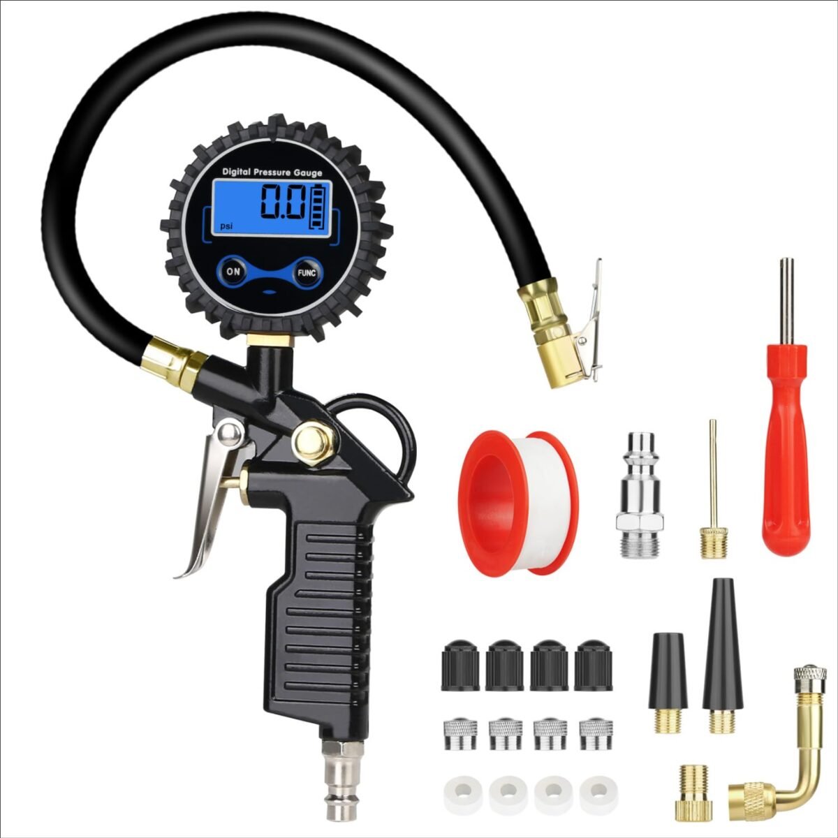 URAQT Digital Air Pressure Gauge, 220 PSI Multifunctional Tyre Inflator, Digital Tyre Pressure Gauge with 20 Pieces Accessories, Tyre Inflator, Tyre Pressure Gauge, Air Pressure Gauge