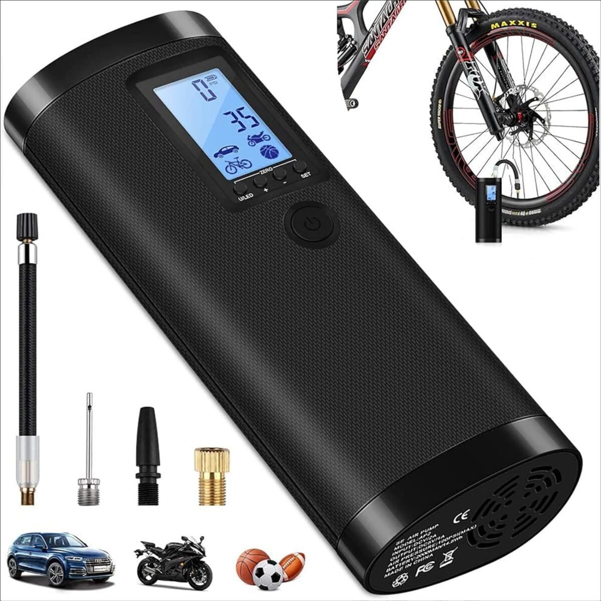 VEEAPE Battery Air Pump Electric 10.3 Bar, 150 PSI Bicycle Air Pump Compressor with LCD Screen and LED Light for Car, Bicycle, Motorcycle, Basketball, Football