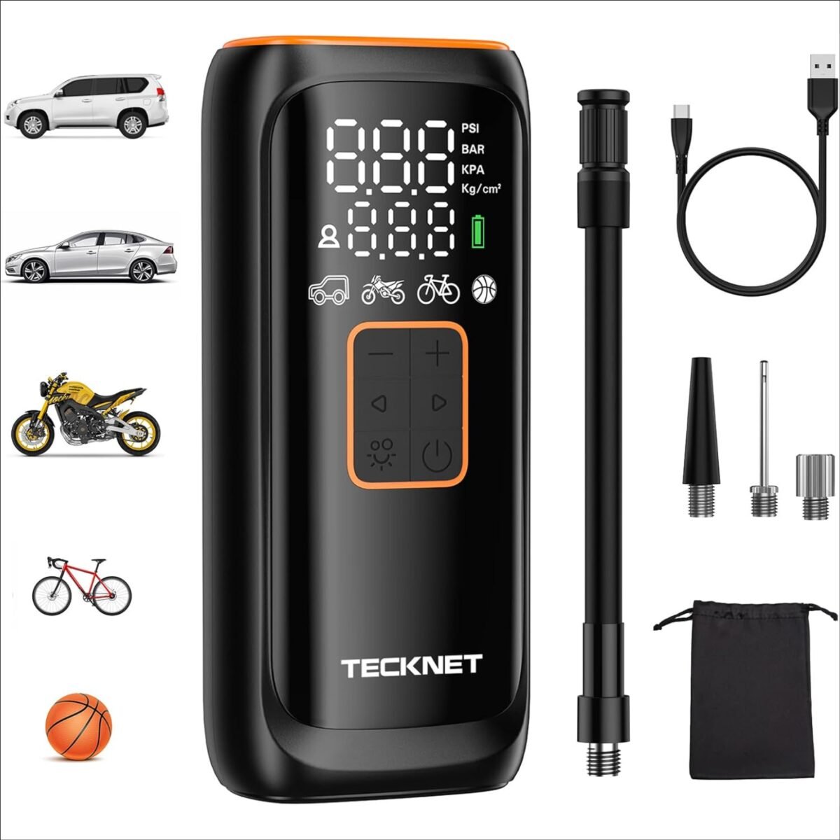 TECKNET Portable Air Compressor, Electric Air Pump 150 PSI, Rechargeable Compressor, Can Be Used as a power Bank and flashlight, 5 Modes, Suitable for Cars, bicycles, etc